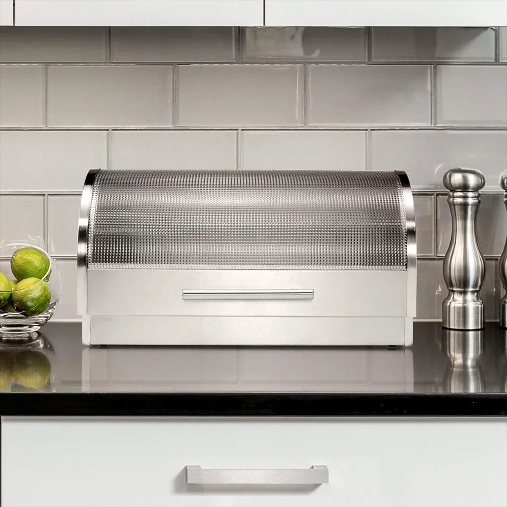 Oggi Stainless Steel Roll Top Bread Box with Tempered Glass